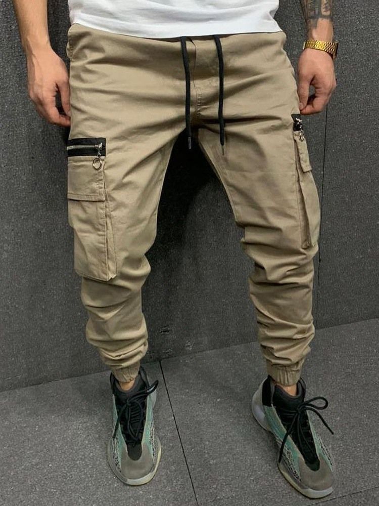 Cargo Pants Pocket Pencil Byxor Vanliga Mid Midja Män Casual Byxor