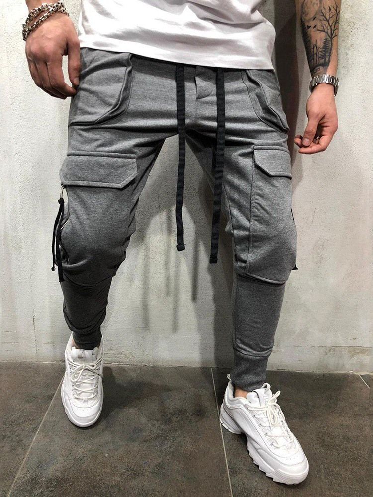 Cargo Pants Vanlig Dragkedja Overall Mid Waist Herr Casual Byxor