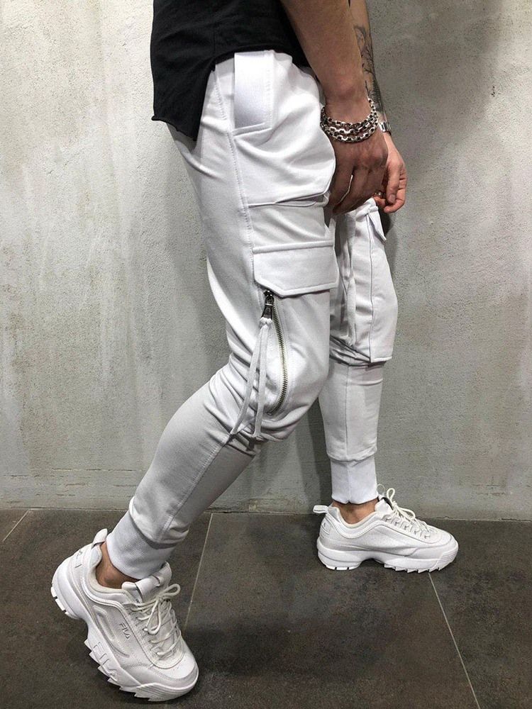 Cargo Pants Vanlig Dragkedja Overall Mid Waist Herr Casual Byxor