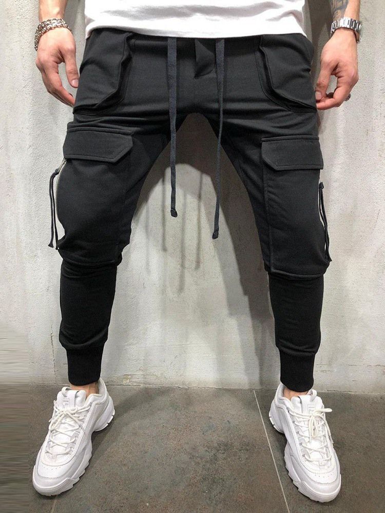 Cargo Pants Vanlig Dragkedja Overall Mid Waist Herr Casual Byxor