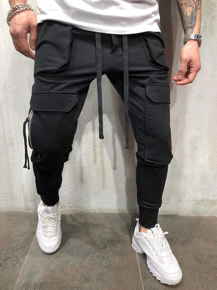 Cargo Pants Vanlig Dragkedja Overall Mid Waist Herr Casual Byxor