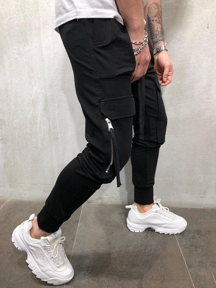 Cargo Pants Vanlig Dragkedja Overall Mid Waist Herr Casual Byxor