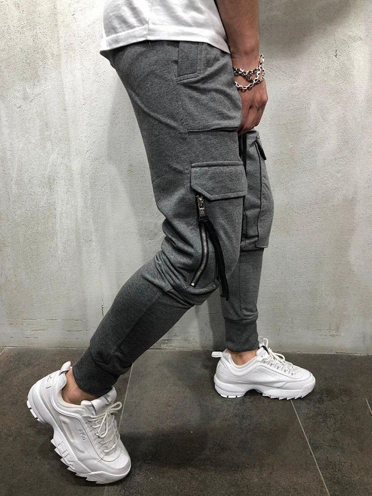 Cargo Pants Vanlig Dragkedja Overall Mid Waist Herr Casual Byxor