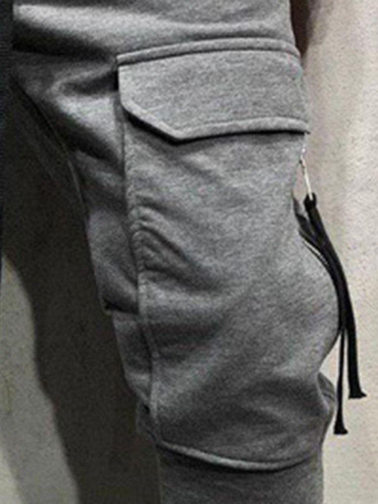 Cargo Pants Vanlig Dragkedja Overall Mid Waist Herr Casual Byxor