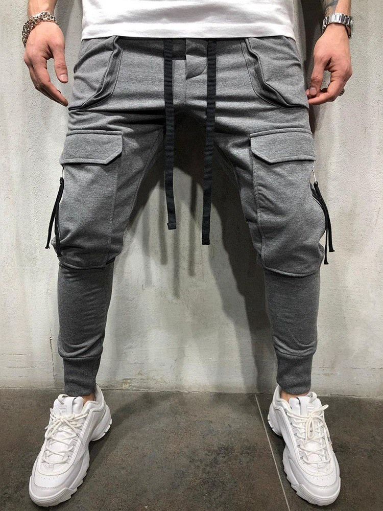 Cargo Pants Vanlig Dragkedja Overall Mid Waist Herr Casual Byxor