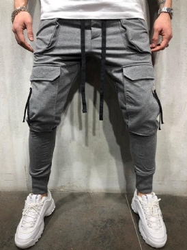 Cargo Pants Vanlig Dragkedja Overall Mid Waist Herr Casual Byxor