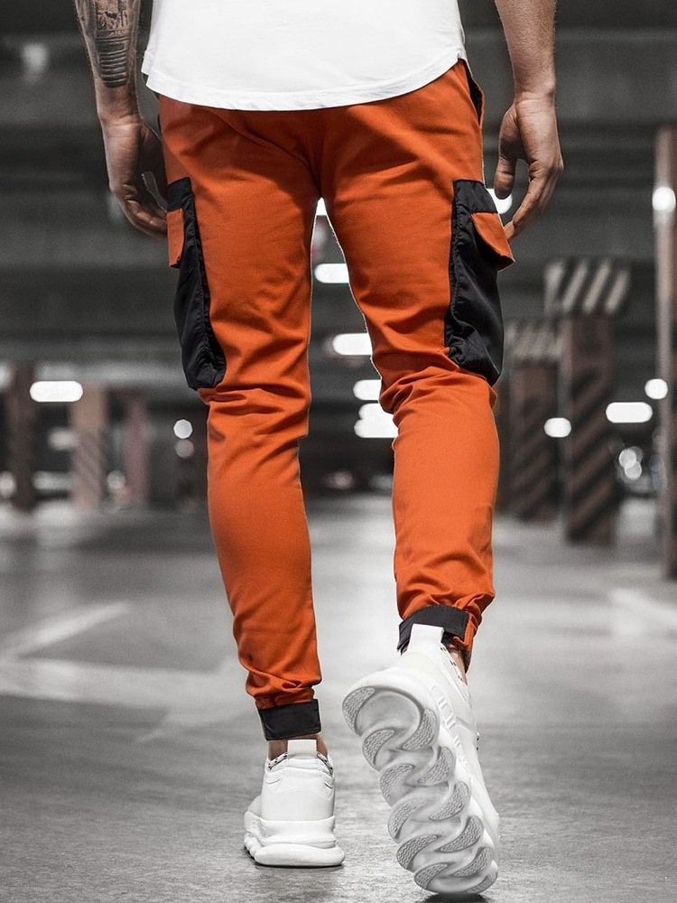 Color Block Pocket Pencil Pants Mid Waist Four Seasons Casual Pants