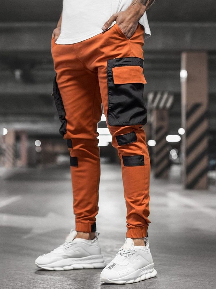 Color Block Pocket Pencil Pants Mid Waist Four Seasons Casual Pants