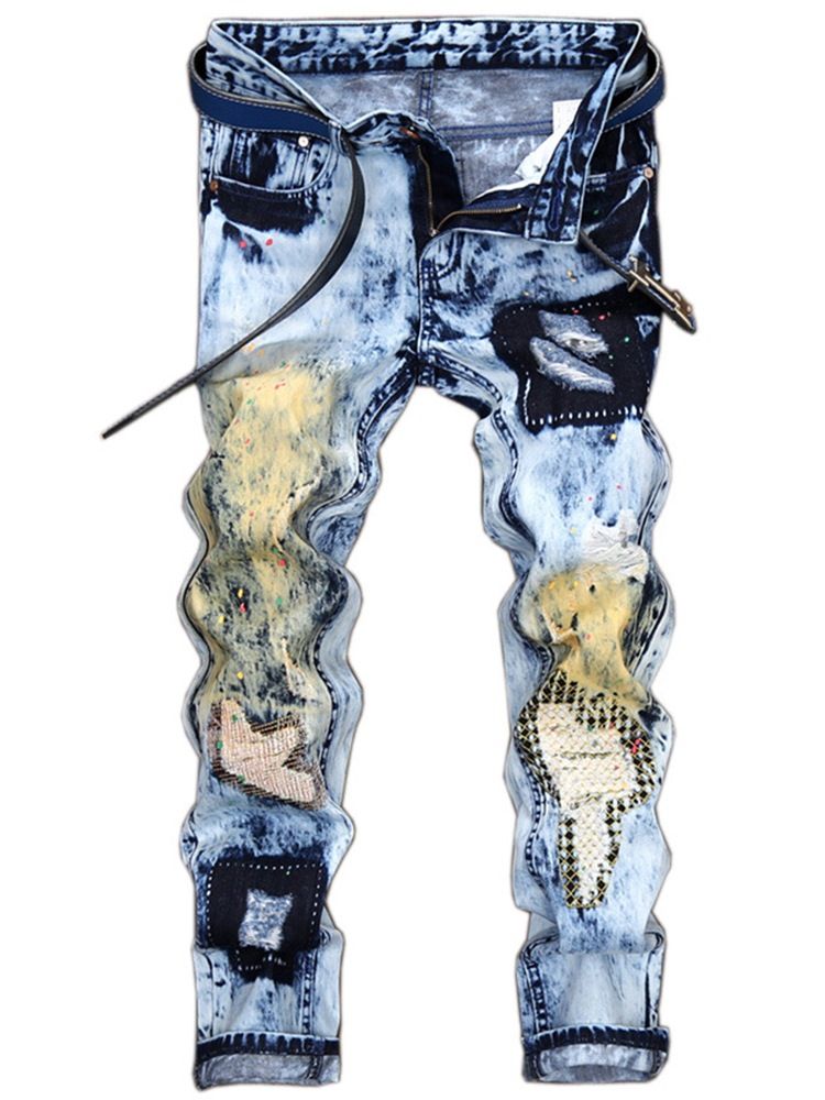 Denim Unika Lappade Raka Casual Herrbyxor