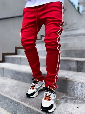 Patchwork Pencil Pants Color Block Lace-Up Mid Waist Herr Casual Byxor