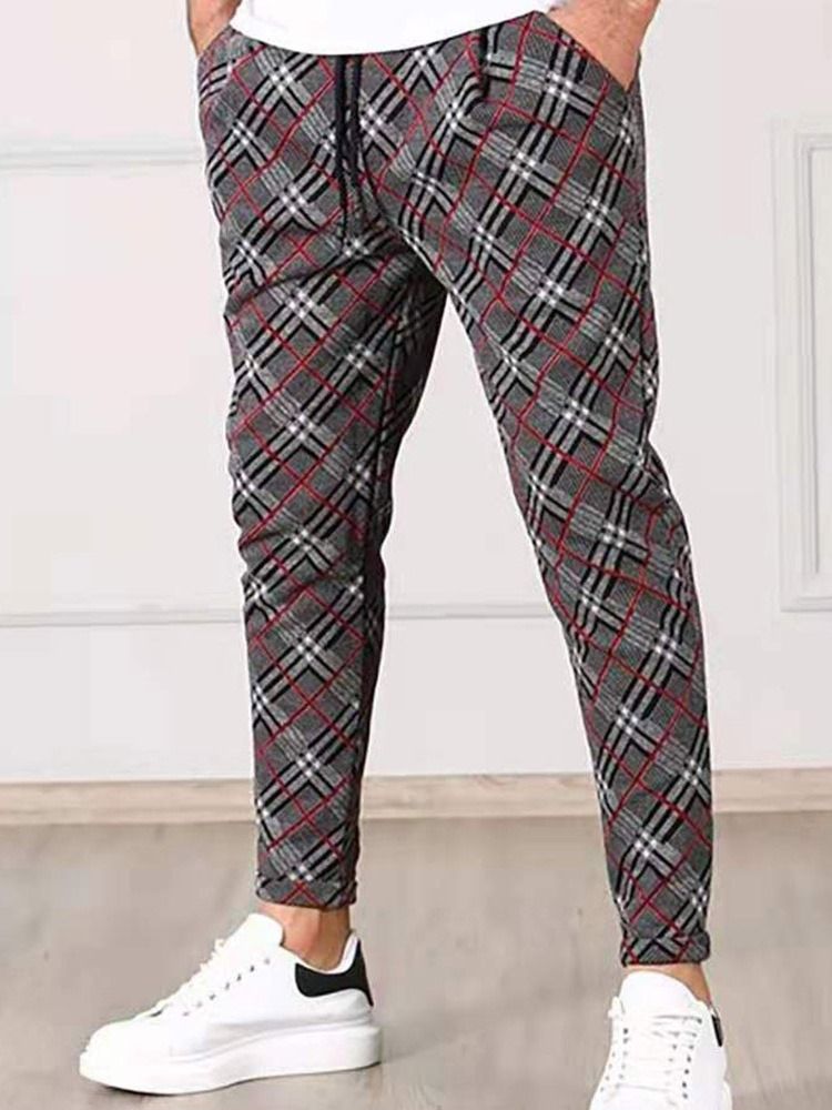 Pencil Byxor Rutigt Tryck Mid Midja Lace-Up Casual Byxor