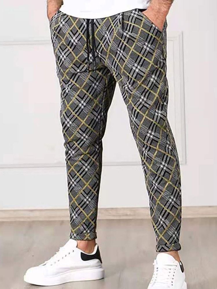 Pencil Byxor Rutigt Tryck Mid Midja Lace-Up Casual Byxor