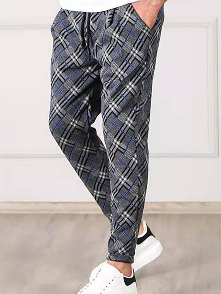 Pencil Byxor Rutigt Tryck Mid Midja Lace-Up Casual Byxor