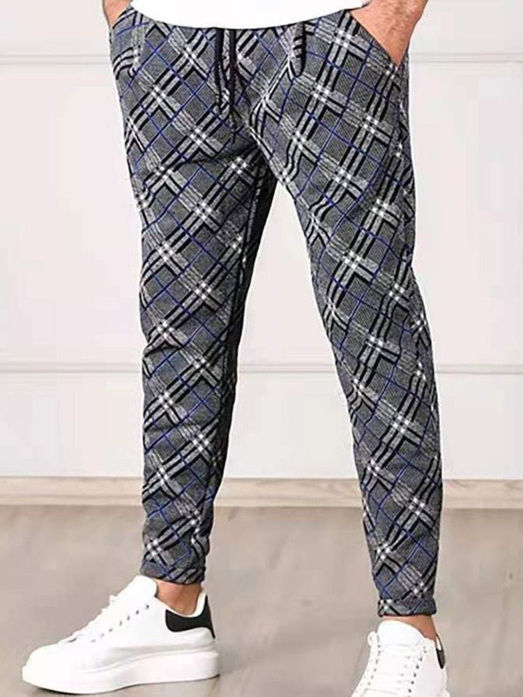 Pencil Byxor Rutigt Tryck Mid Midja Lace-Up Casual Byxor