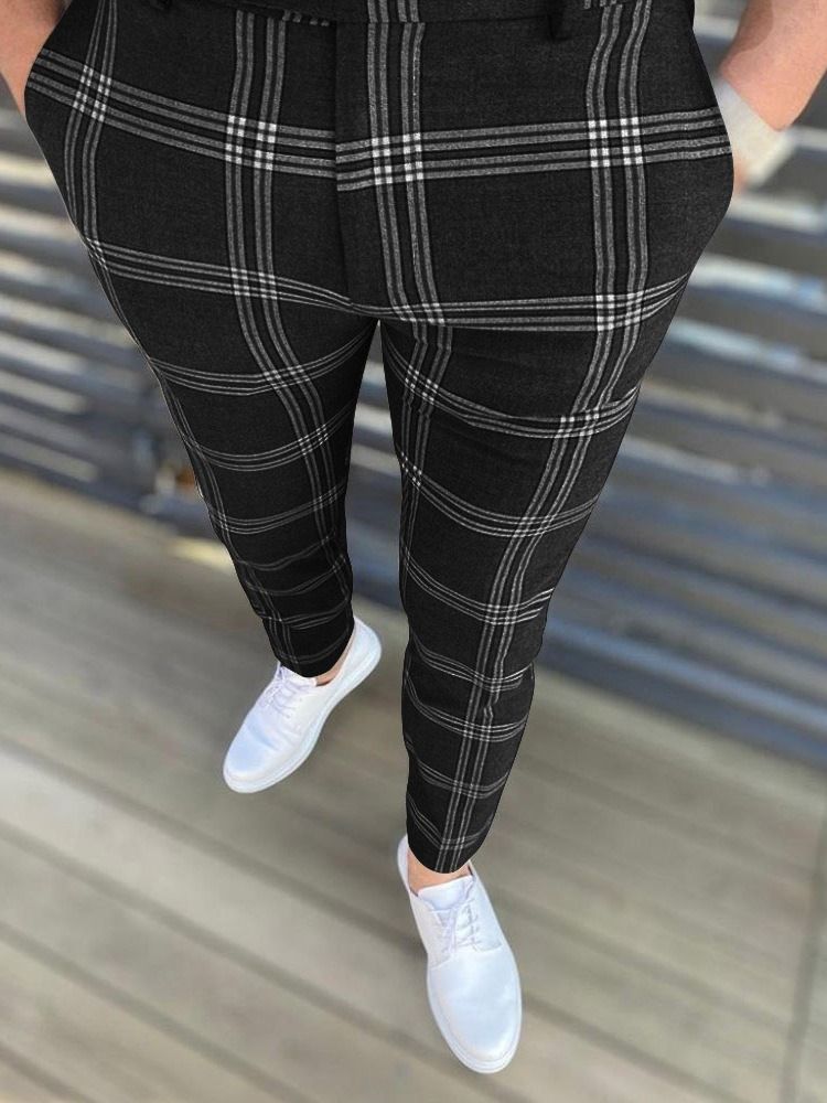 Pencil Pants Rutig Dragkedja Europeiska Mäns Casual Byxor