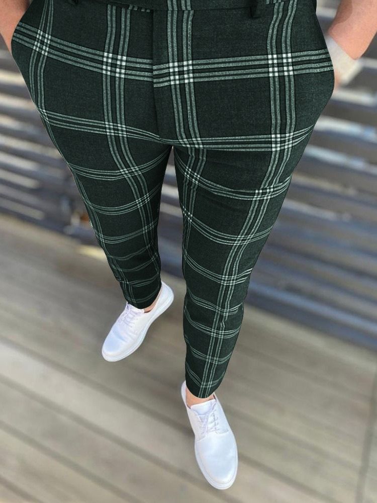 Pencil Pants Rutig Dragkedja Europeiska Mäns Casual Byxor