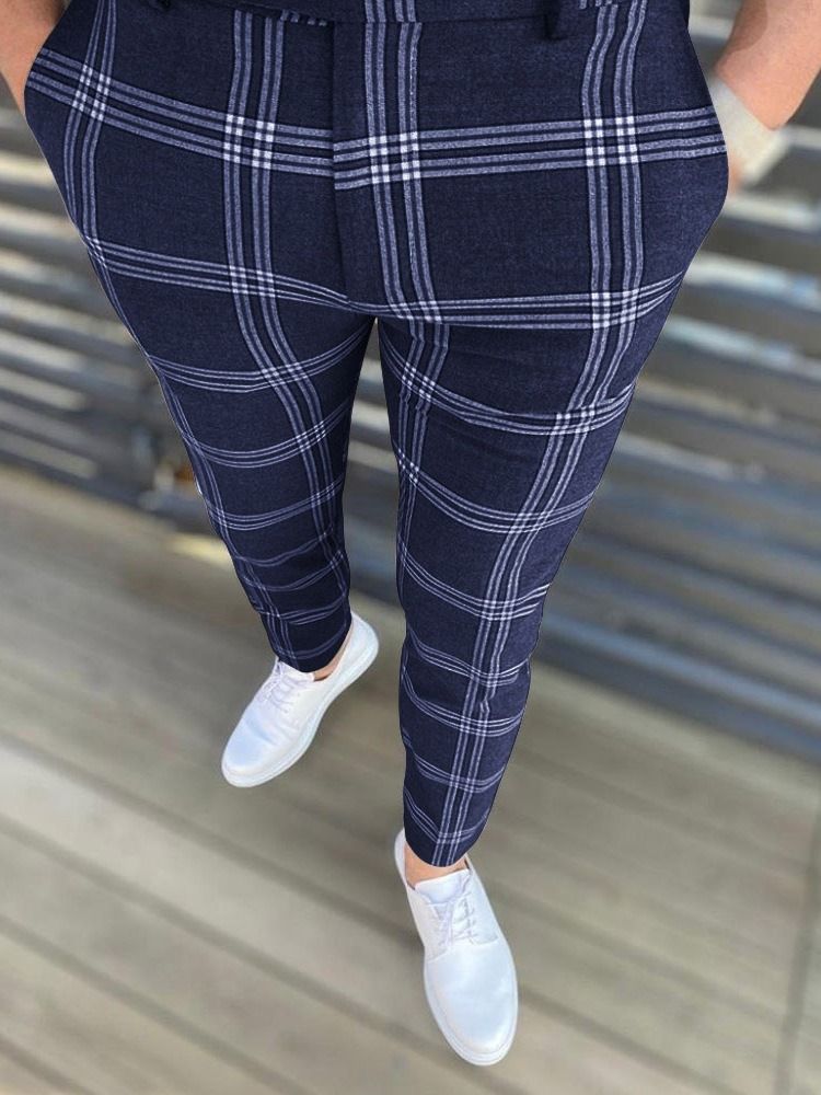Pencil Pants Rutig Dragkedja Europeiska Mäns Casual Byxor