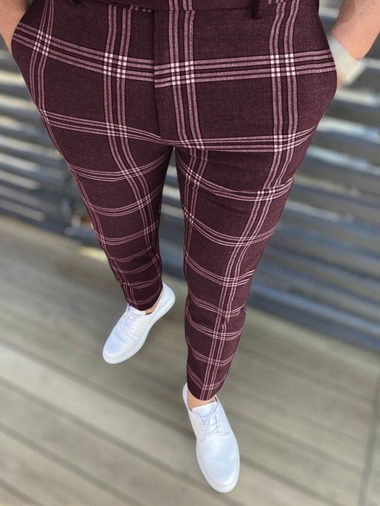 Pencil Pants Rutig Dragkedja Europeiska Mäns Casual Byxor