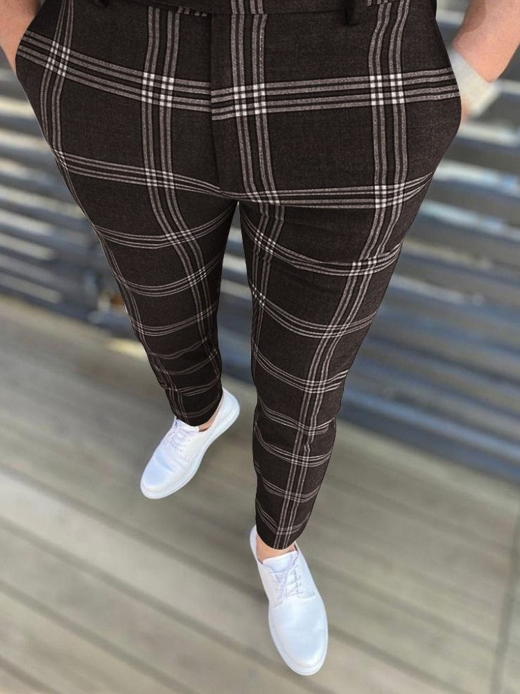 Pencil Pants Rutig Dragkedja Europeiska Mäns Casual Byxor
