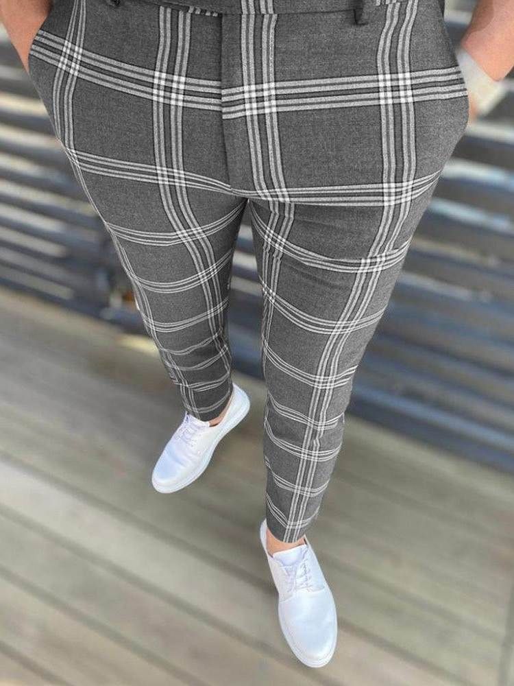 Pencil Pants Rutig Dragkedja Europeiska Mäns Casual Byxor