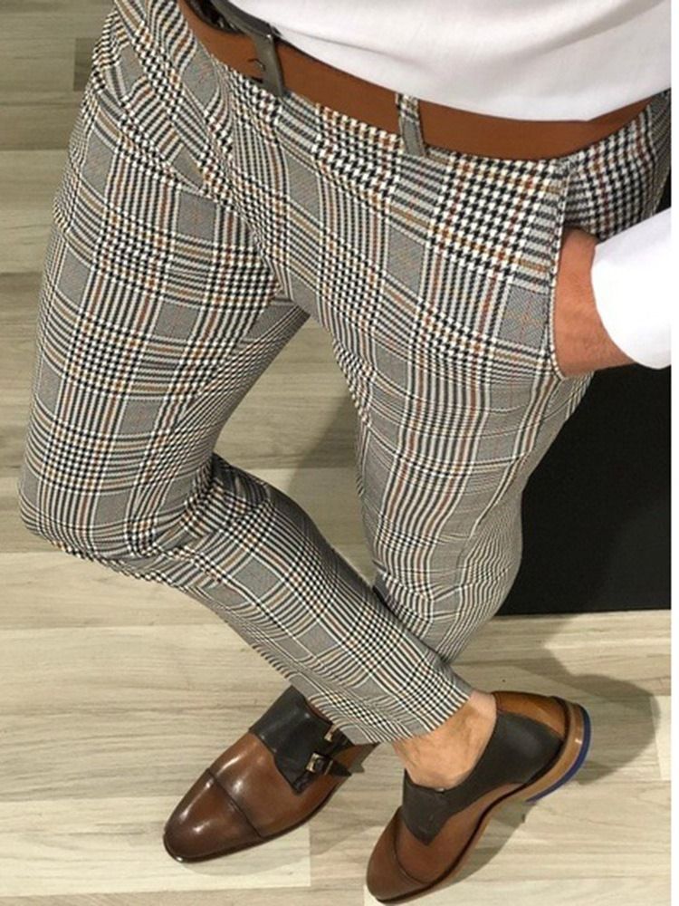 Pencil Pants Rutig Ficka Mid Waist Män Casual Byxor