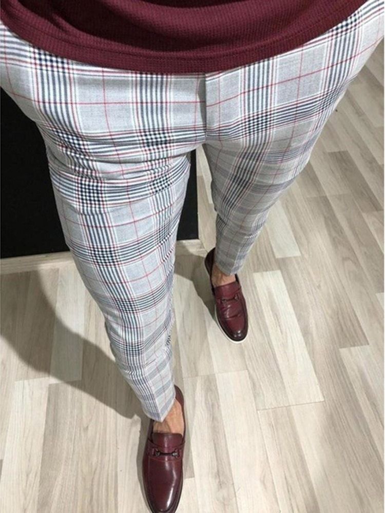 Pencil Pants Rutig Ficka Mid Waist Män Casual Byxor