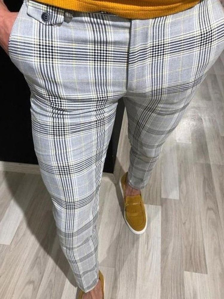 Pencil Pants Rutig Ficka Mid Waist Män Casual Byxor