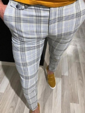 Pencil Pants Rutig Ficka Mid Waist Män Casual Byxor