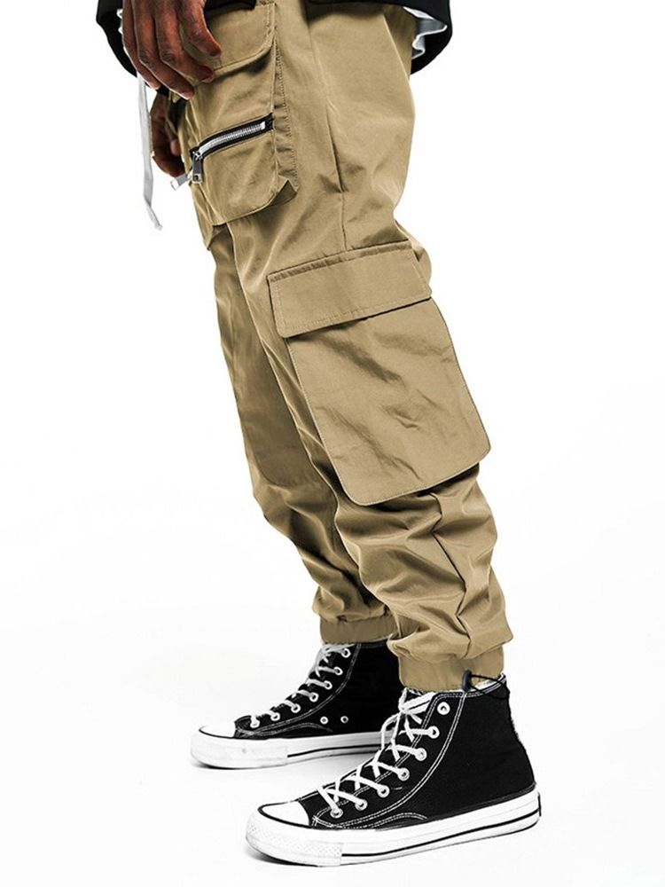 Plain Pocket Mid Waist Four Seasons Herr Casual Byxor