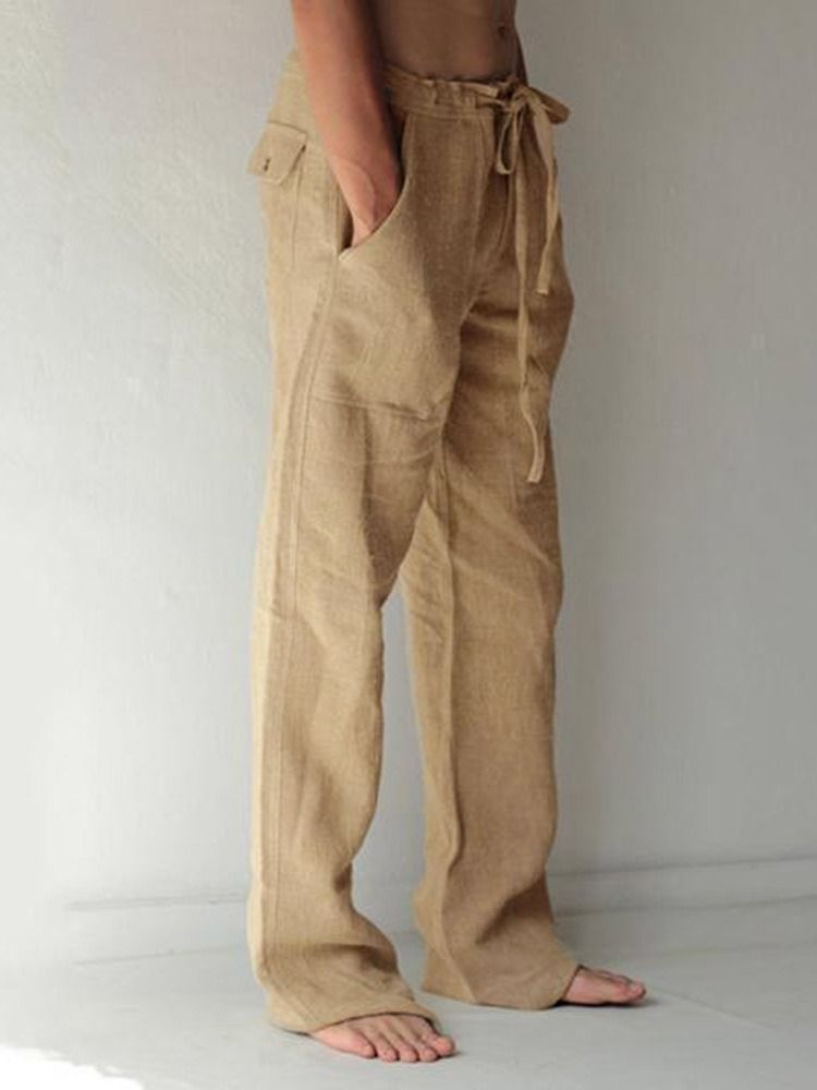 Plain Pocket Mid Waist Lace-Up Herr Casual Byxor