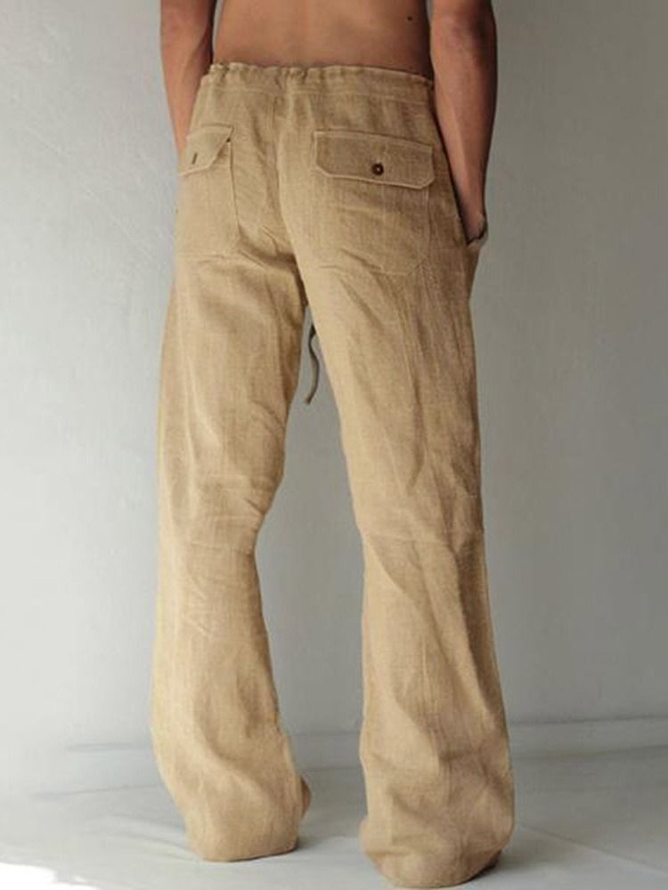Plain Pocket Mid Waist Lace-Up Herr Casual Byxor