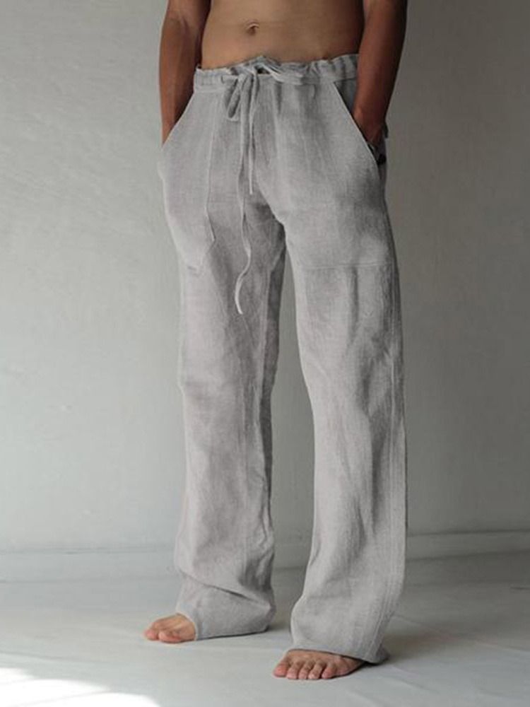 Plain Pocket Mid Waist Lace-Up Herr Casual Byxor