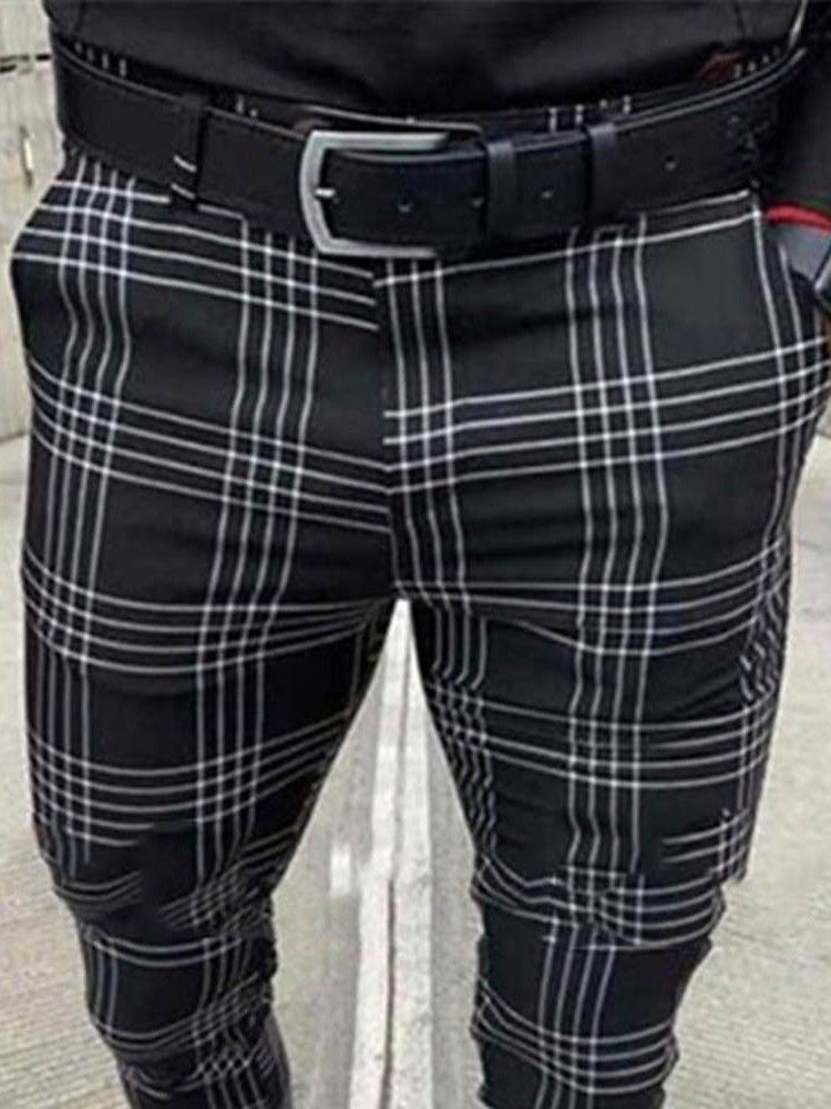 Pocket Penna Rutig Dragkedja Mid Waist Herr Casual Byxor