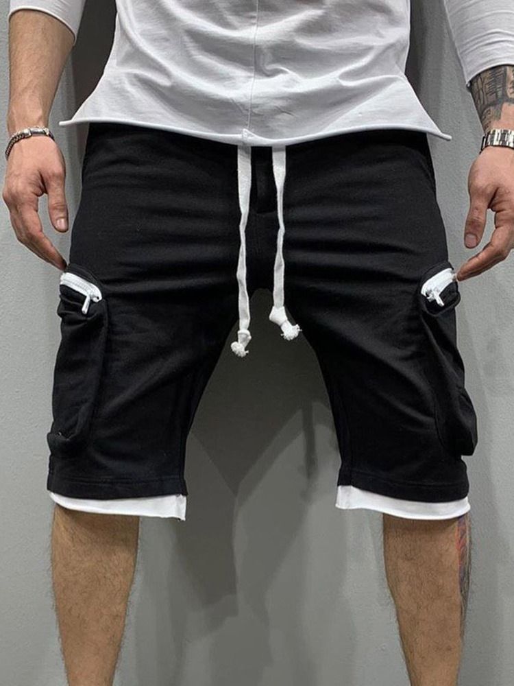 Pocket Rak Color Block Hip Hop Mid Waist Casual Byxor