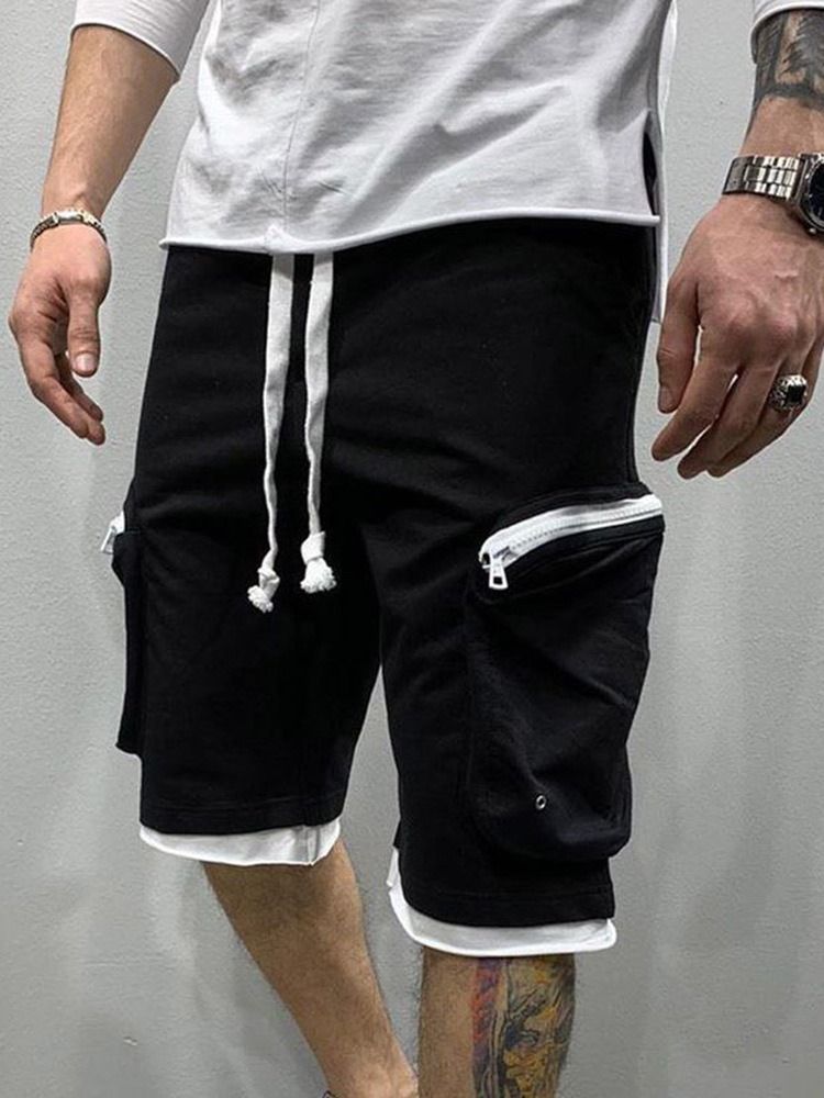 Pocket Rak Color Block Hip Hop Mid Waist Casual Byxor
