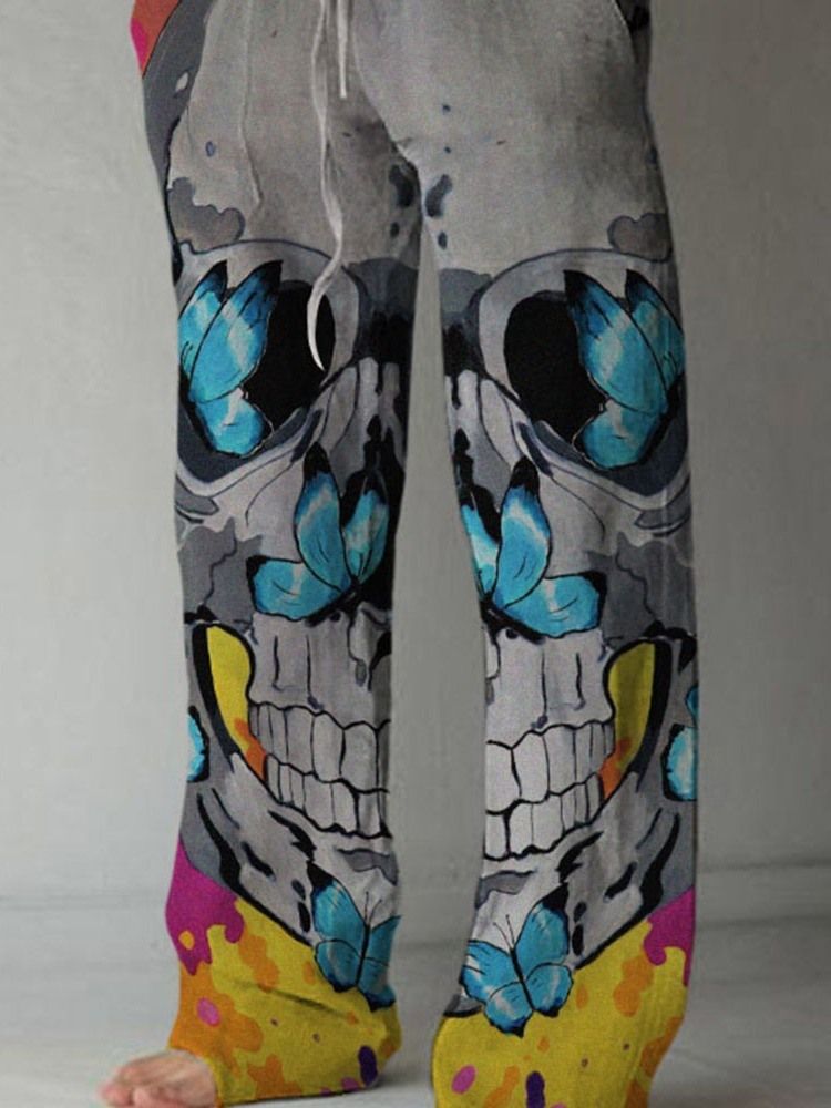 Print Skull Rak Lace-Up Mäns Fullängd Casual Byxor