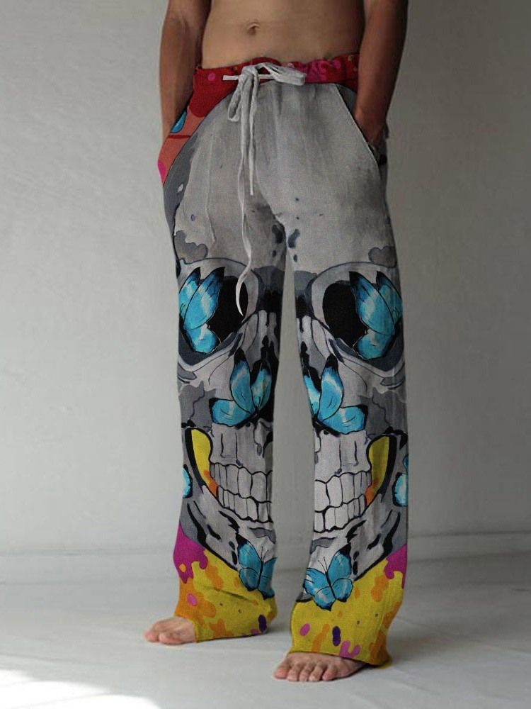 Print Skull Rak Lace-Up Mäns Fullängd Casual Byxor
