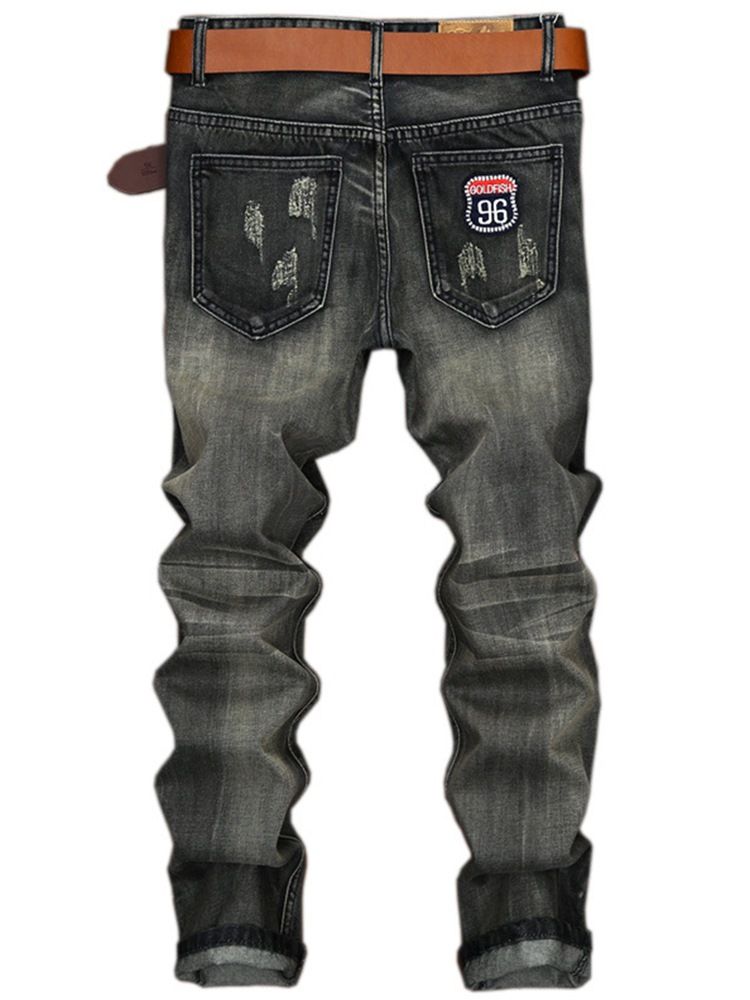 Raka Denim Hål Medalj Patch Unika Herrbyxor