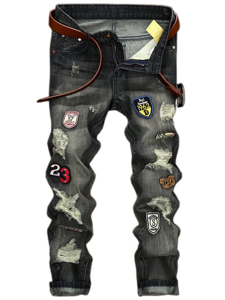 Raka Denim Hål Medalj Patch Unika Herrbyxor