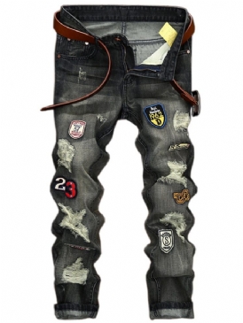 Raka Denim Hål Medalj Patch Unika Herrbyxor