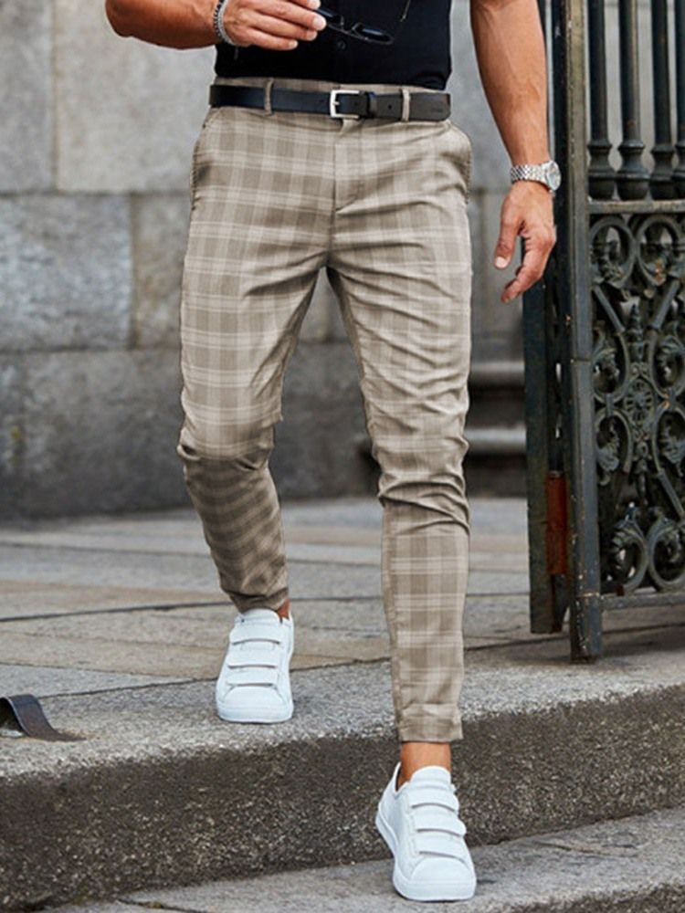 Rutiga Pencil Byxor Mid Waist Dragkedja Casual Byxor