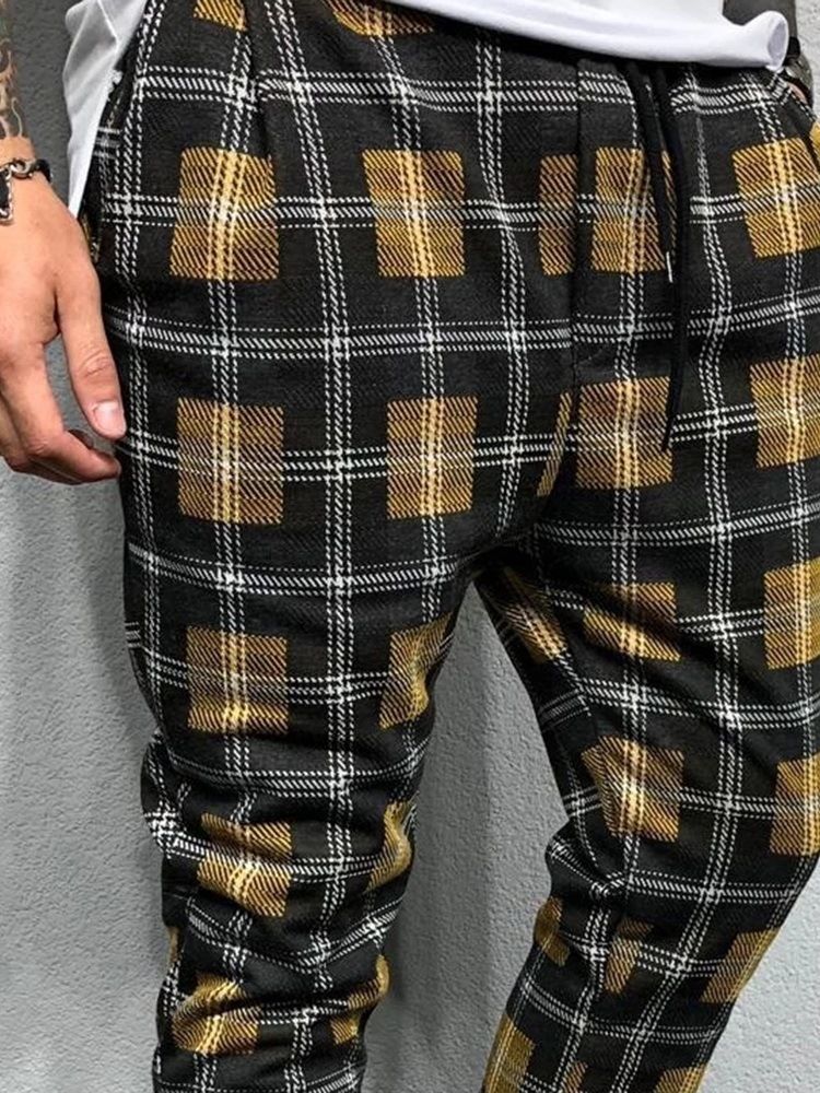 Skriv Ut Rutigt Harem Fall För Män Casual Byxor
