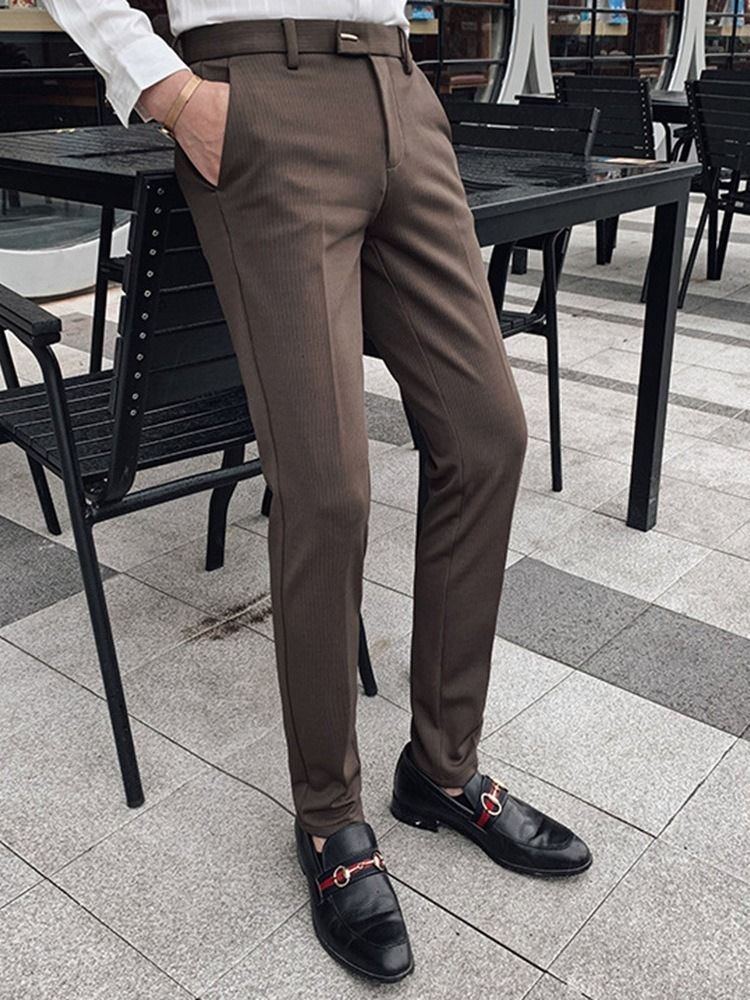 Stripe Full Längd Slim Mid Waist Blazer Byxor För Män