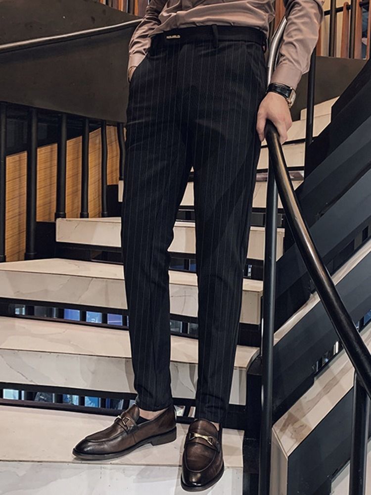 Stripe Full Längd Slim Mid Waist Blazer Byxor För Män