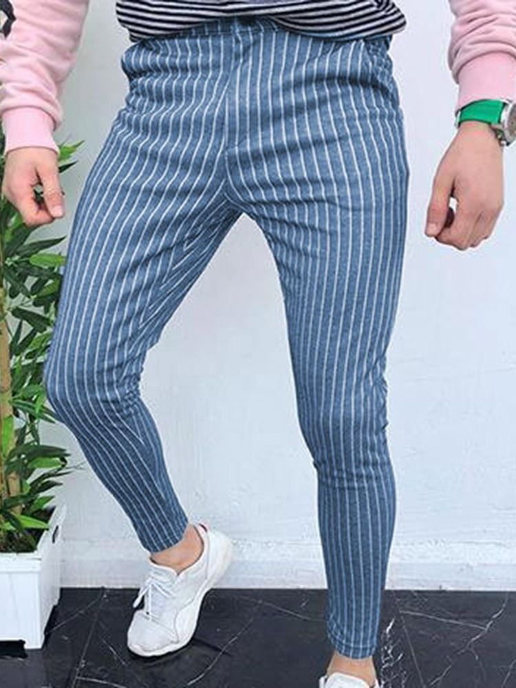Stripe Pencil Pants Ficka Casual Mid Waist Herr Casual Byxor