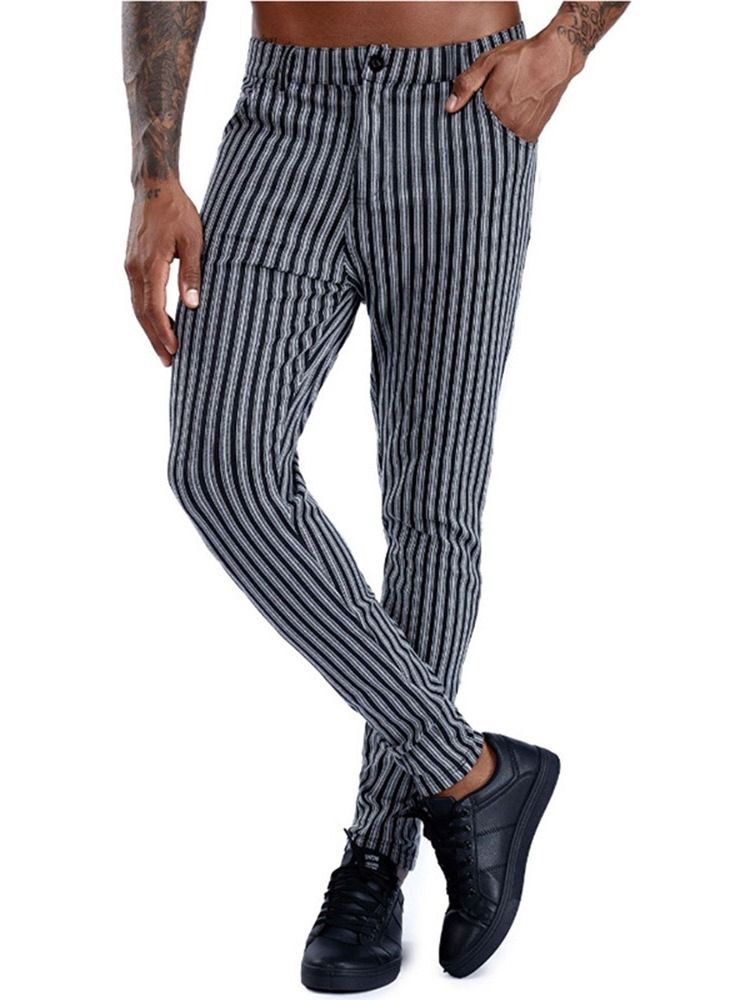 Stripe Pocket Pencil Pants Dragkedja Mid Waist Herr Casual Byxor