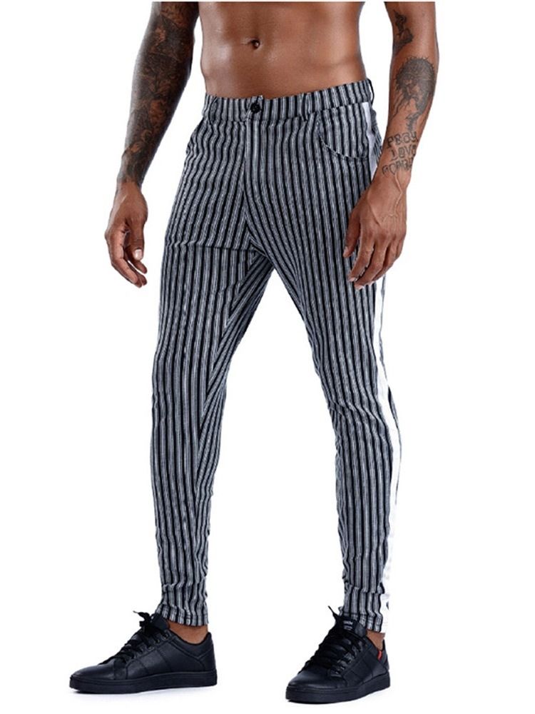 Stripe Pocket Pencil Pants Dragkedja Mid Waist Herr Casual Byxor