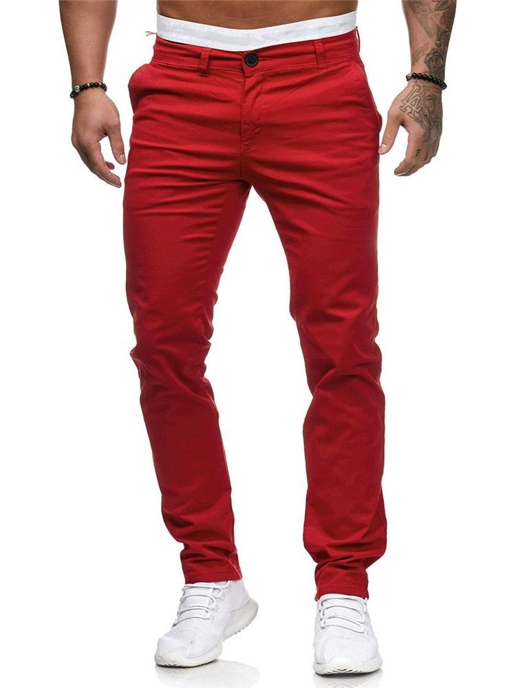Vanlig Dragkedja Med Mitten Av Midjan För Män Casual Pencil Byxor