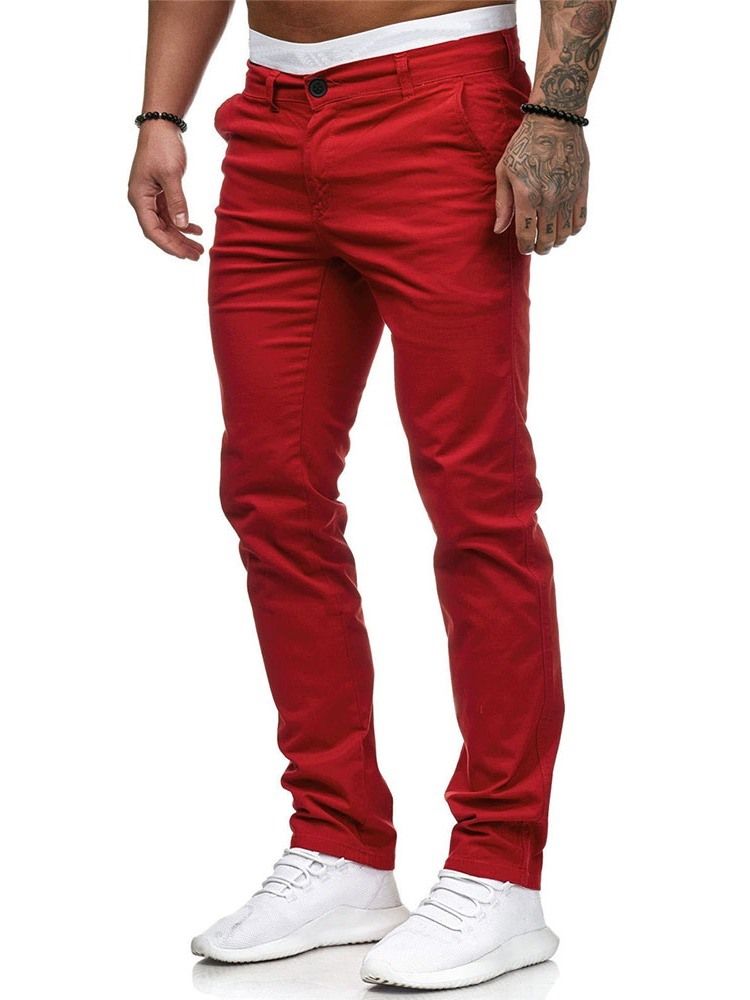 Vanlig Dragkedja Med Mitten Av Midjan För Män Casual Pencil Byxor