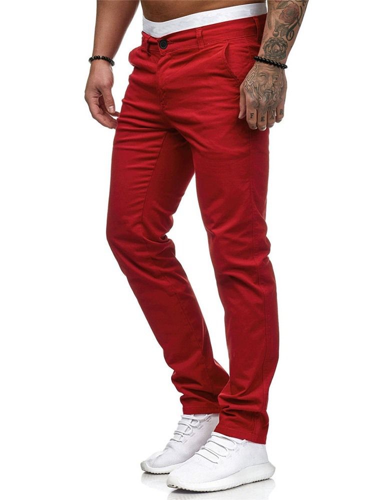 Vanlig Dragkedja Med Mitten Av Midjan För Män Casual Pencil Byxor
